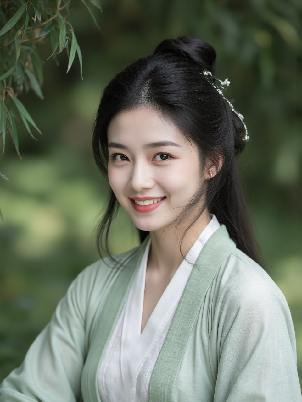 Very realistic style,HD photography style,a woman,hanfu,outdoors,smile,