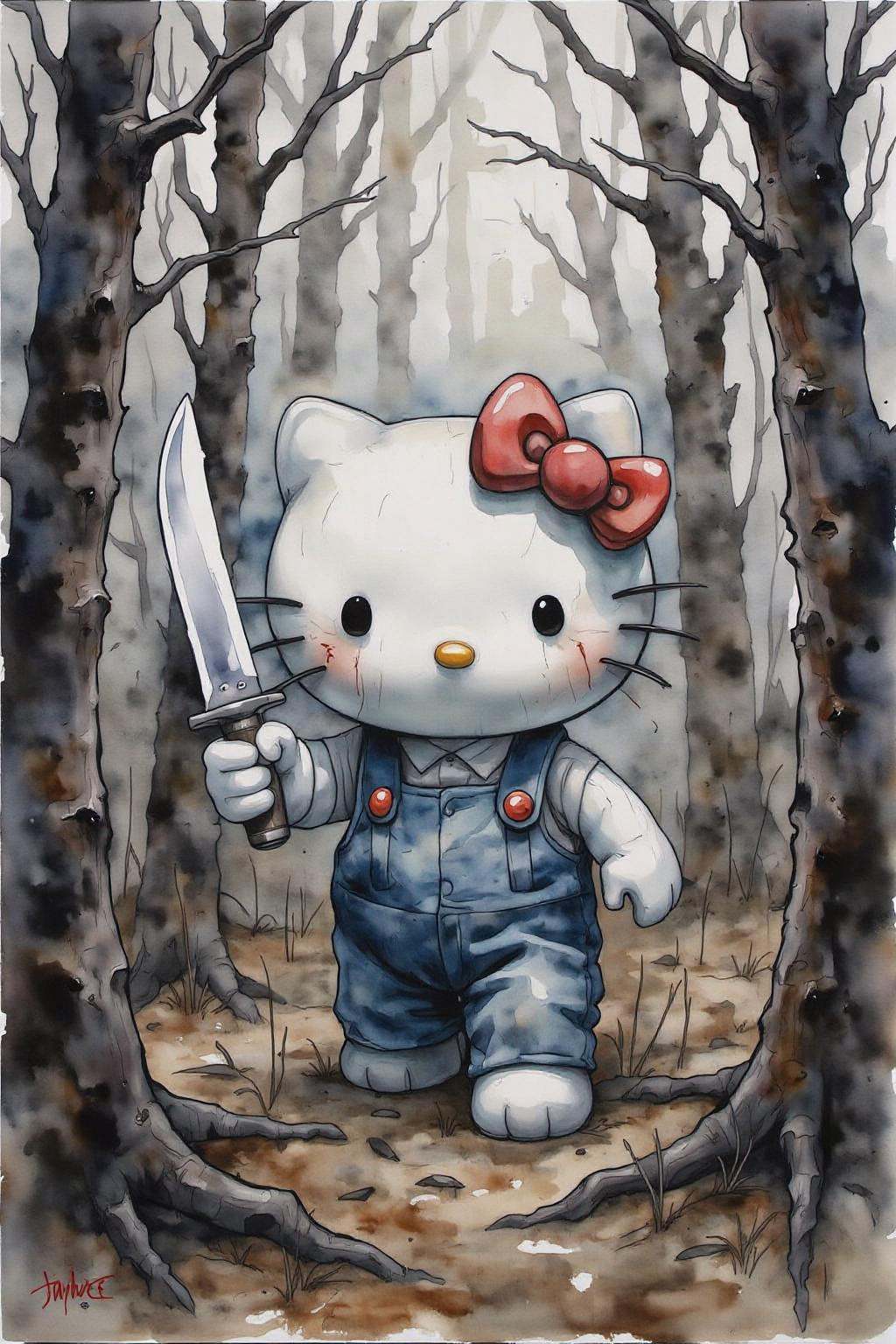 yawc1 watercolor. Hello Kitty in the middle of the forest holding a knife,  the atmosphere and the character looks scary,...