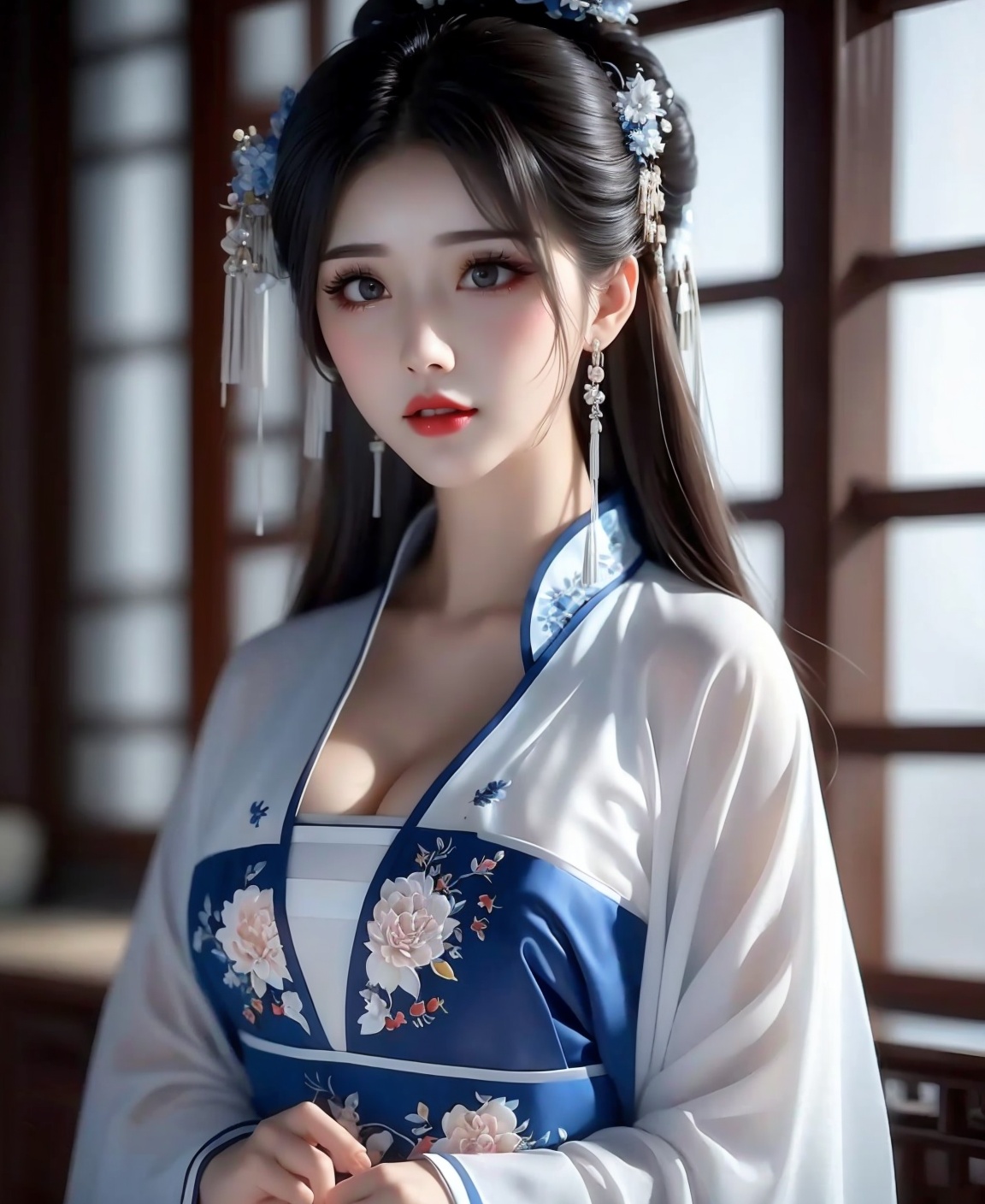 1girl, ,,Diamond Earrings , see-through, , floral_print, , solo, brown_hair, with heavy makeup，red lips，Moisturizing red lips，Hanfu，dress，A soft bed，，solo，，cleavage， <lora:清纯汉服女孩1.2:1>
