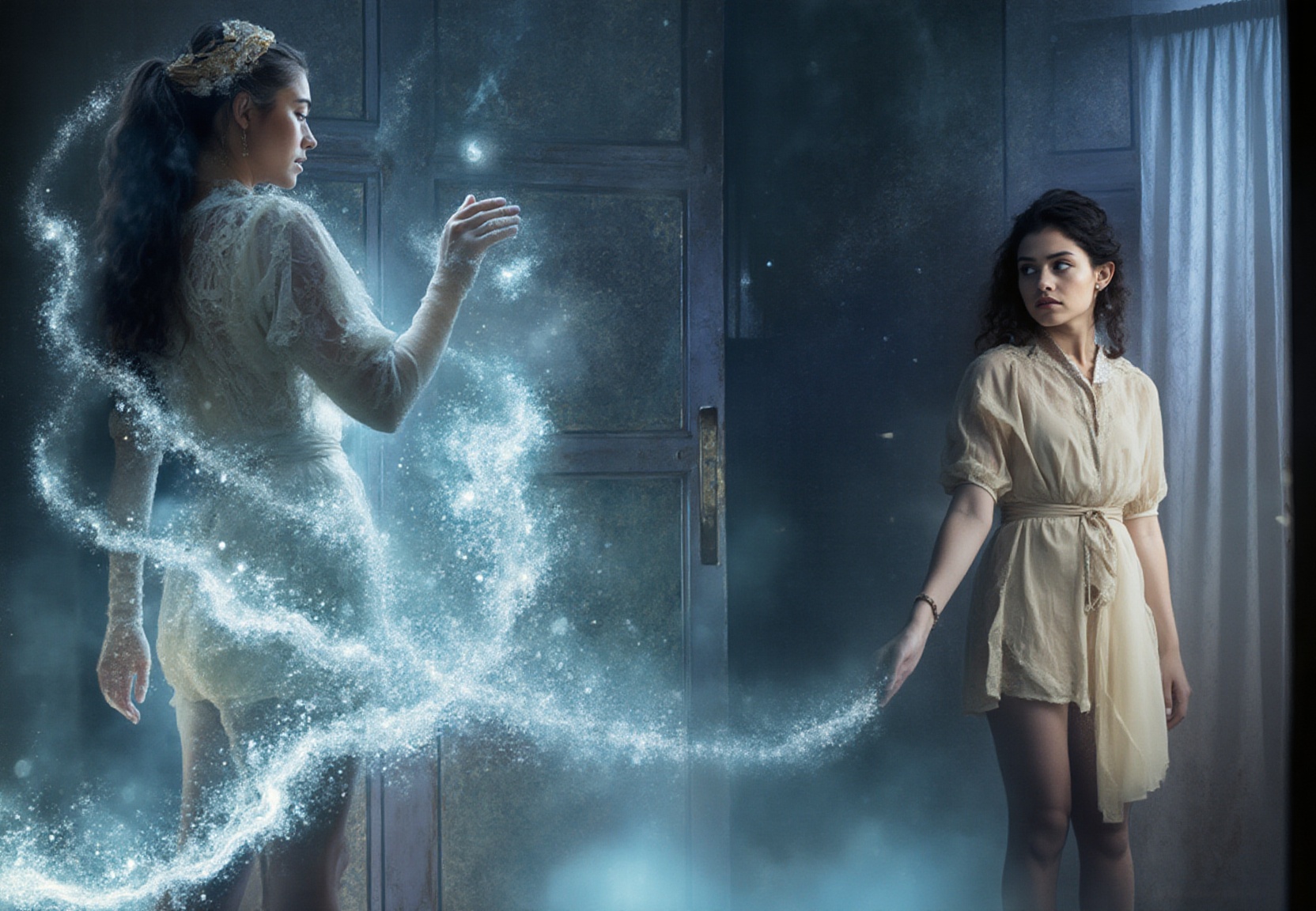 A young woman stands at the threshold of a magical mirror,  her body split between two worlds. One half of her remains in...