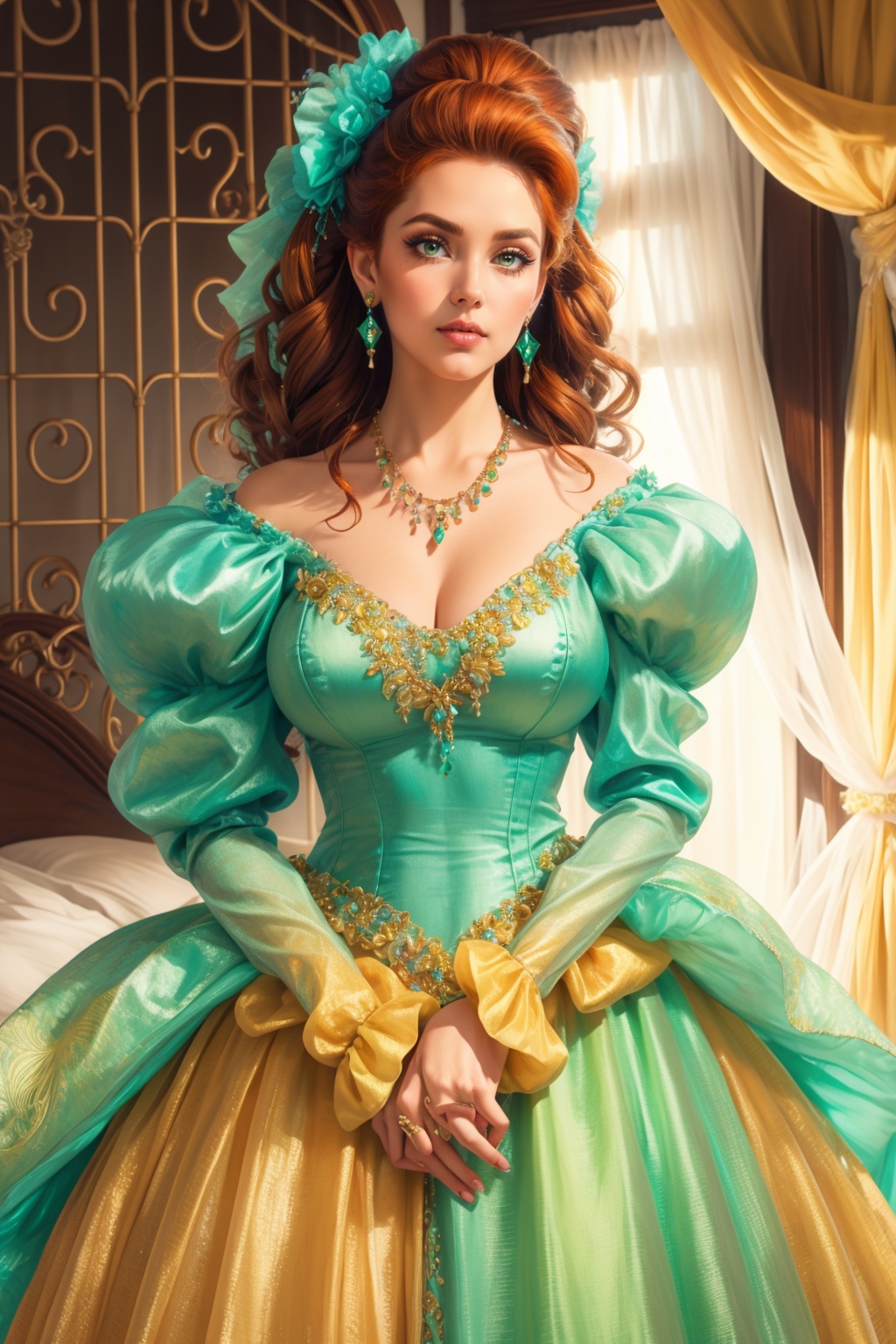 ***** beautiful tall woman,  (ginger hair) (voluminous puffy sleeves) ,  solo on Tensor.Art