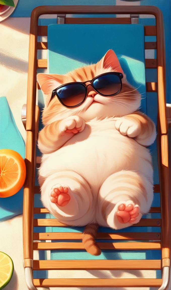no humans,sunglasses,cat,fat cat,animal focus,animal,on back,chair,lying,lounge chair,fruit,dark tone,score_9,score_8_up,score_7_up,intricate details,solo,<lora:cute cat:0.7>,