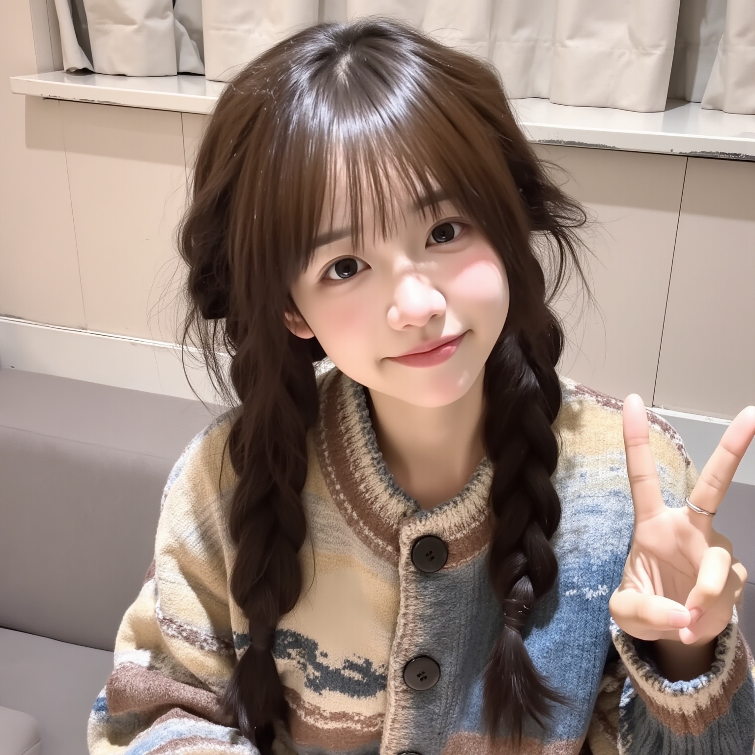 1girl,The photograph features a young East Asian woman with a light complexion and straight, dark brown hair styled in two long braids. She has a round face with a small nose and full lips, and her bangs frame her face, partially covering her forehead. She is wearing a cozy, oversized, cable-knit sweater with a soft, textured fabric in shades of beige, blue, and brown. The sweater has a high collar and is buttoned up to the top, with the buttons visible. The sweater appears to be slightly oversized, fitting loosely on her slender frame. The woman is making a peace sign with her right hand, which is slightly raised, and she has a playful, cheerful expression on her face. The background is a simple indoor setting, with a beige wall and a window with light-colored curtains, providing a soft, neutral backdrop. The window is positioned behind her, and there is a hint of a sofa or chair in the lower left corner of the image. The overall composition is casual and relaxed, with a focus on the subject's friendly and approachable demeanor. <lora:萌妹FLUX-14:0.6>