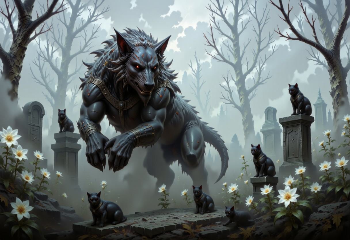 DFOP-V3.0 style dark fantasy oil painting that features fog covered graveyard,  graveyard is full of white flowers that ra...