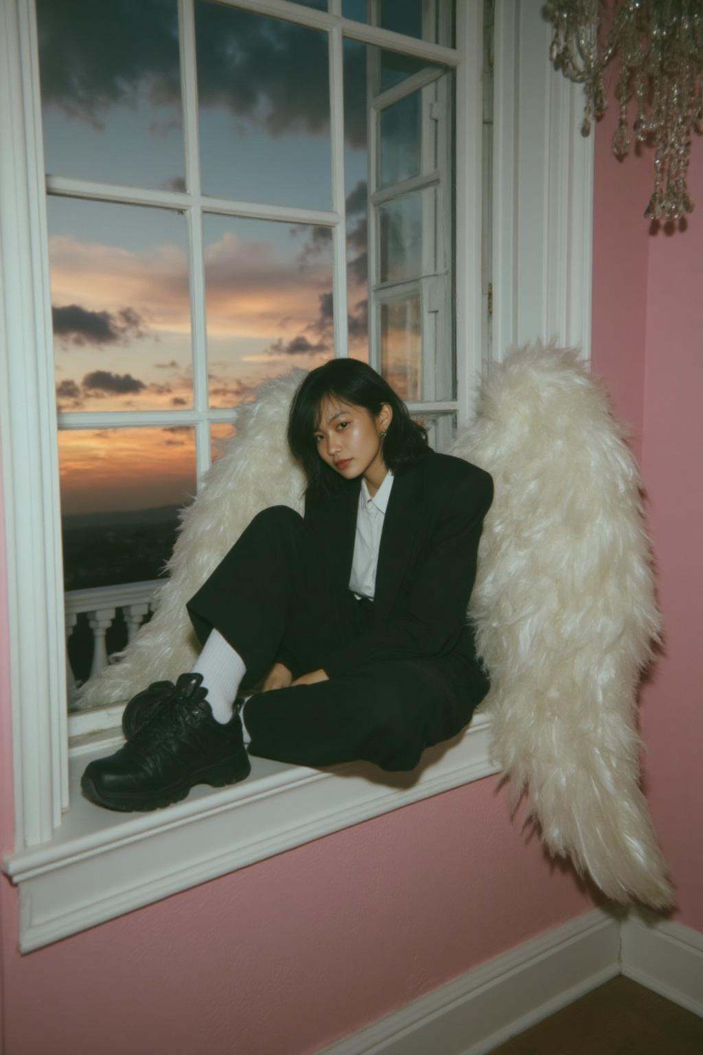 midjourney analog photograph.midjourney analog photograph. A young Korean woman sits on a windowsill,  dressed in a black...