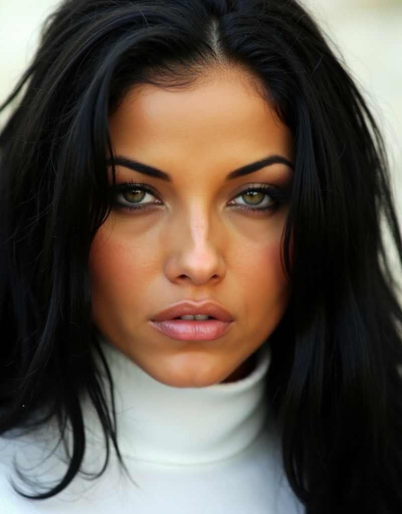 lanny barbie,  a woman with black long hair. She wears a white turtleneck. Closeup face portrait on Tensor.Art