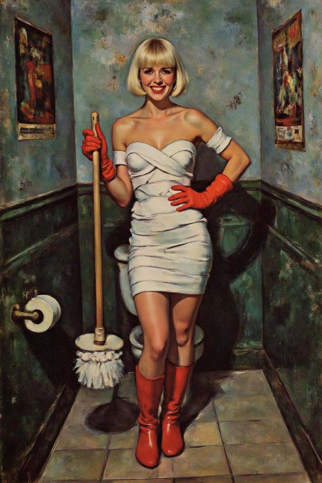 pau1cez painting.A slim Swedish woman stands confidently in a small,  dingy restroom. She platinum blonde bob haircut and...