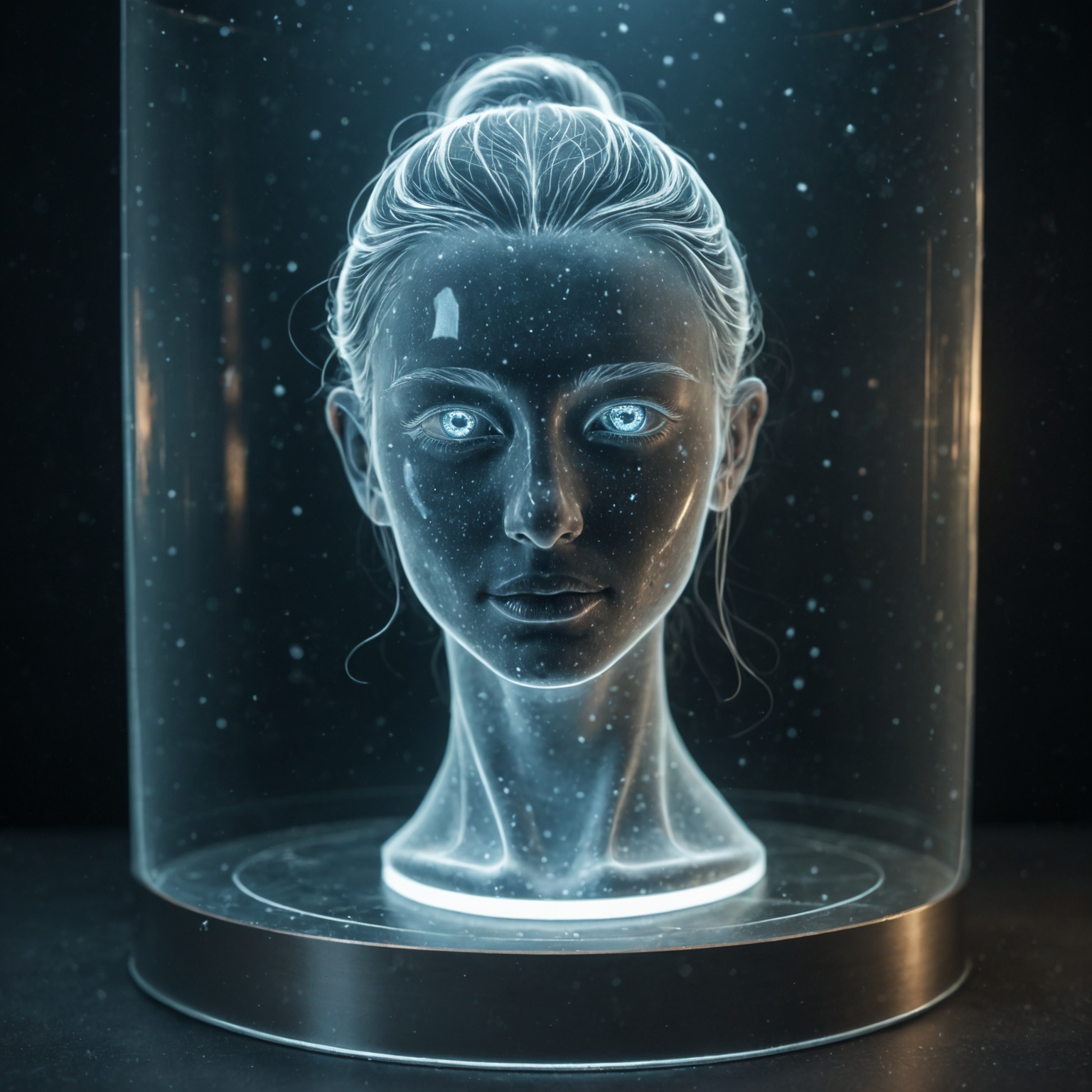 A radiant,  ethereal woman stands directly in front of the camera,  her form appearing as though sculpted entirely from fr...