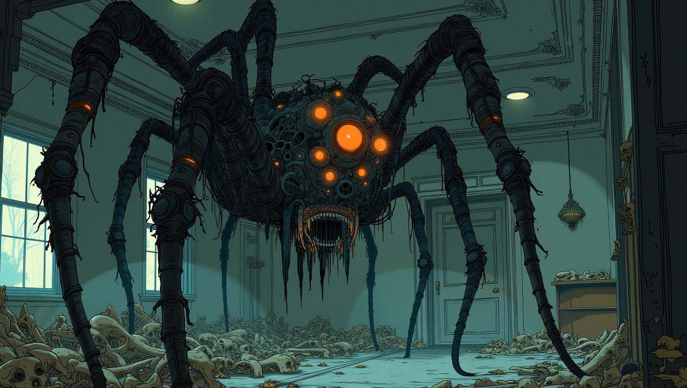 A massive,  grotesque spider with hairy legs and multiple red eyes lurks in the shadows of an abandoned mansion. Its web,...