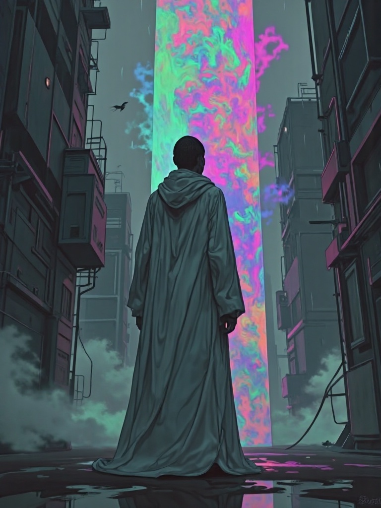 The image is a digital painting in a surreal,  fantastical style. It depicts a silhouette of a person,  likely male on Ten...