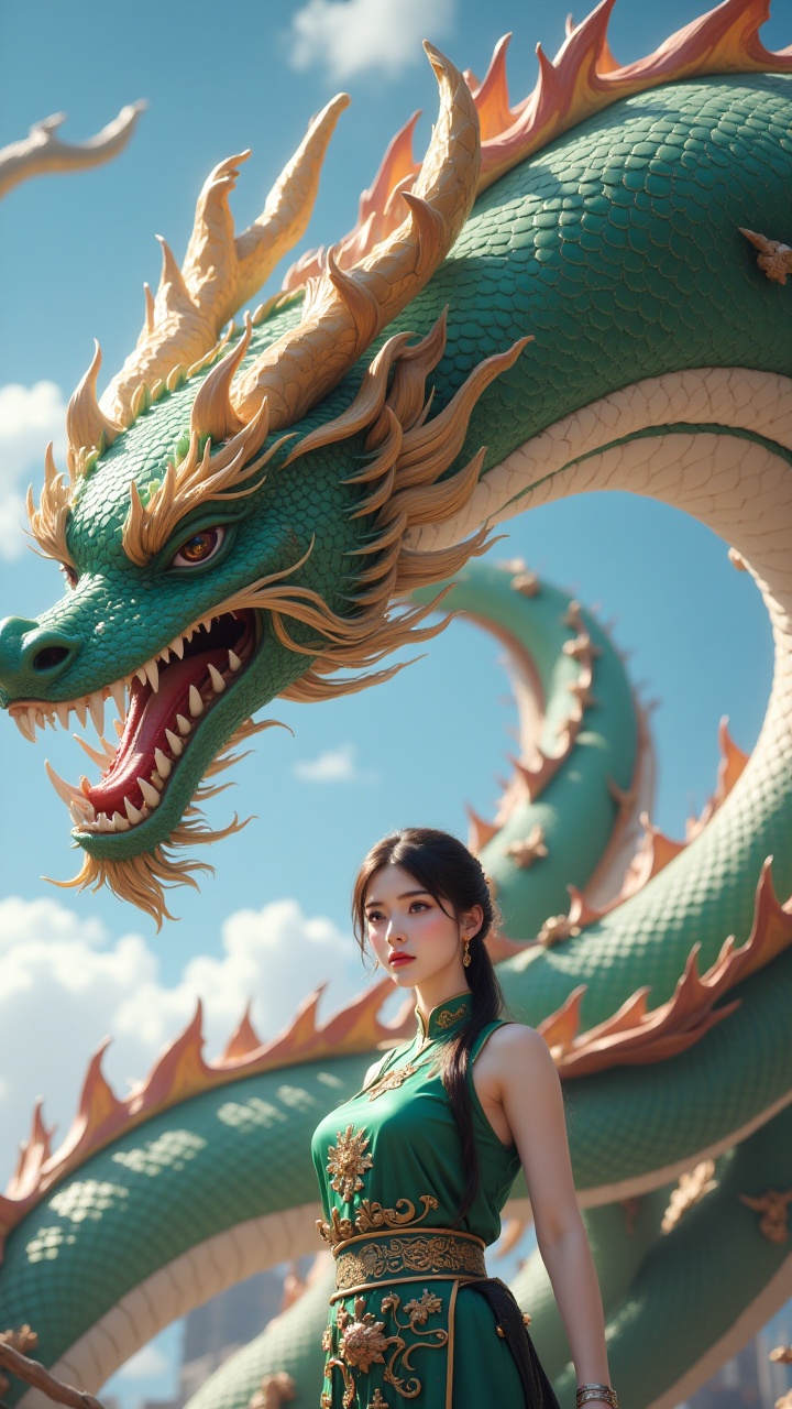 (masterpiece, best quality:1.2),The girl and the Chinese dragon,Chinese dragon,1girl,bare shoulders,black hair,Chinese Hanfu,squama ,The hair on the faucet,Ultimate details,Dragon horn,The graceful and winding dragon body,blue sky,bracelet,Open the dragon's mouth,Close range,Green Dragon,close-up,A dragon hovering in the air,The girl stood in front, wearing a green Hanfu, upper body, looking at the audience,ancient Chinese architecture,breasts,day,The camera looks up from below,dragon,dragon horns,earrings,eastern dragon,jewelry,midriff,navel,outdoors,scales,sky,teeth