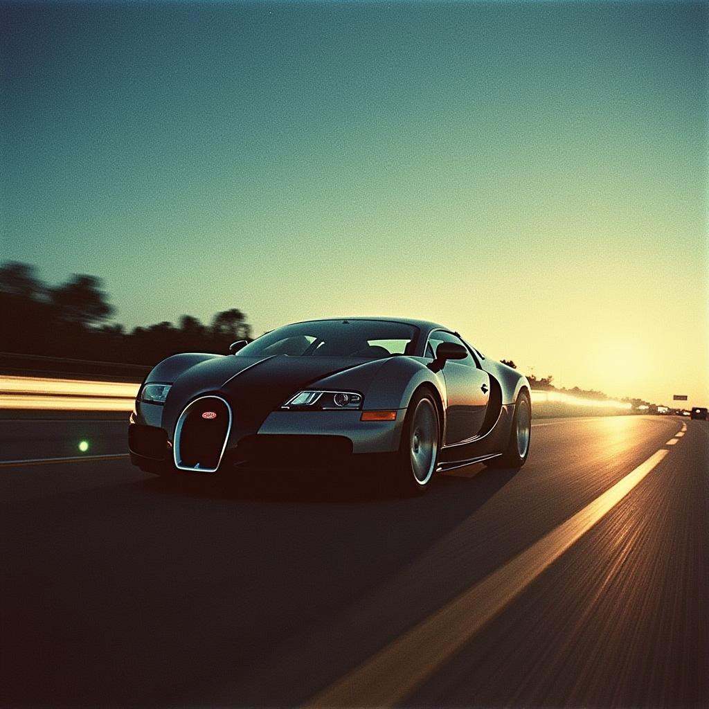 an expired film photograph of a bugatti veyron at speed on a highway,  bright flare,  light trails on Tensor.Art