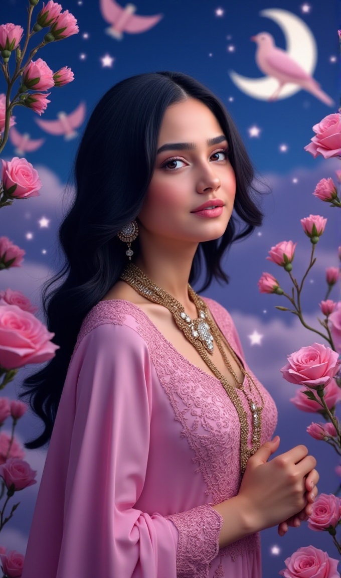 Create a dreamy,  hyper-realistic UHD 8k image of an Arabian woman with brunette Iraqi skin. She should be depicted in a s...