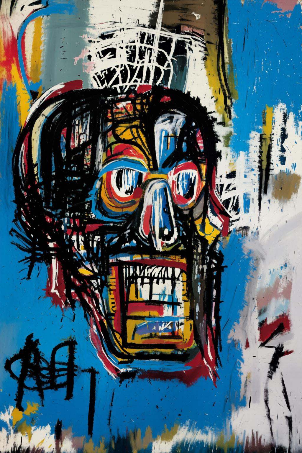 jeanmichelbasquiat2q painting.An abstracted colorful skull made of bold brushstrokes and splatters,  primarily in black,...