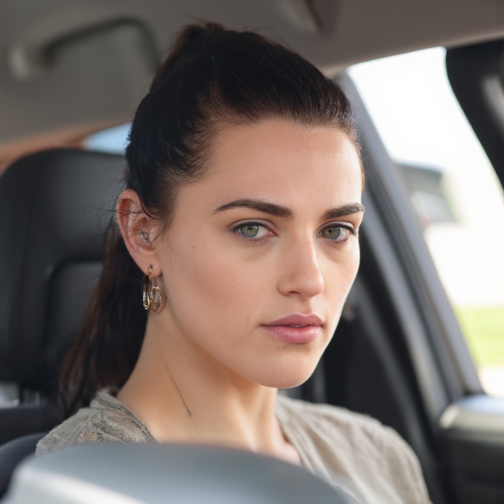 A close-up portrait of katie_mcgrath seated in a car,  looking out the window. She has fair skin,  deep brown eyes on Tens...
