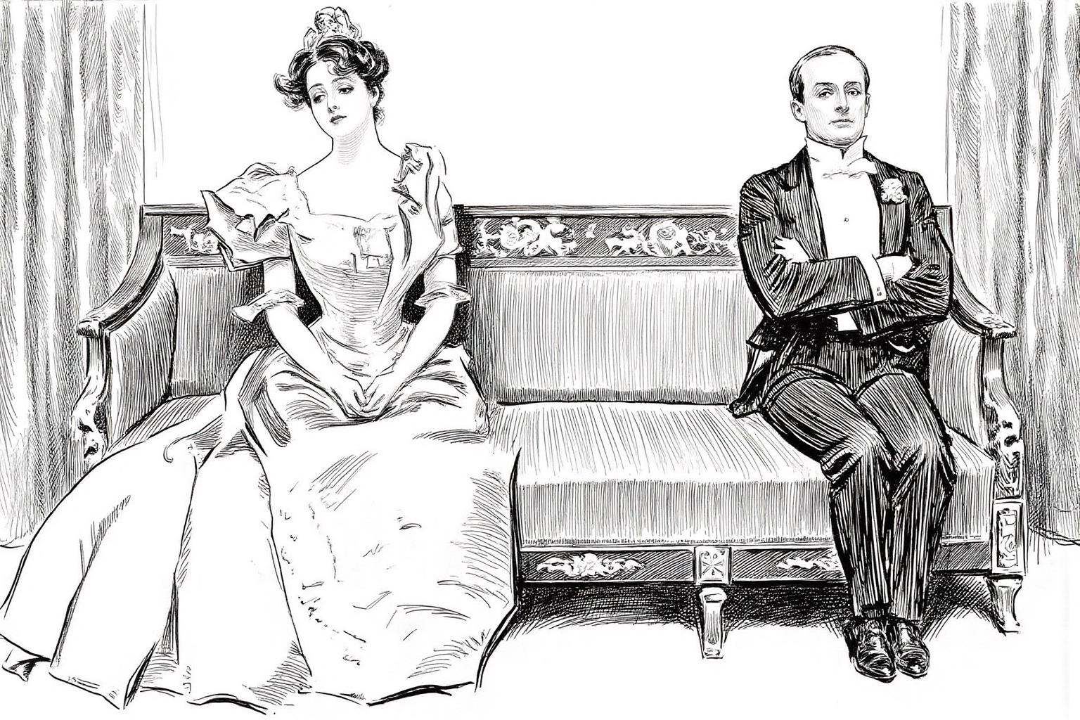 charlesdgibson1 illustration.Two people are seated on an ornately carved wooden sofa with a plush,  upholstered cushioned...