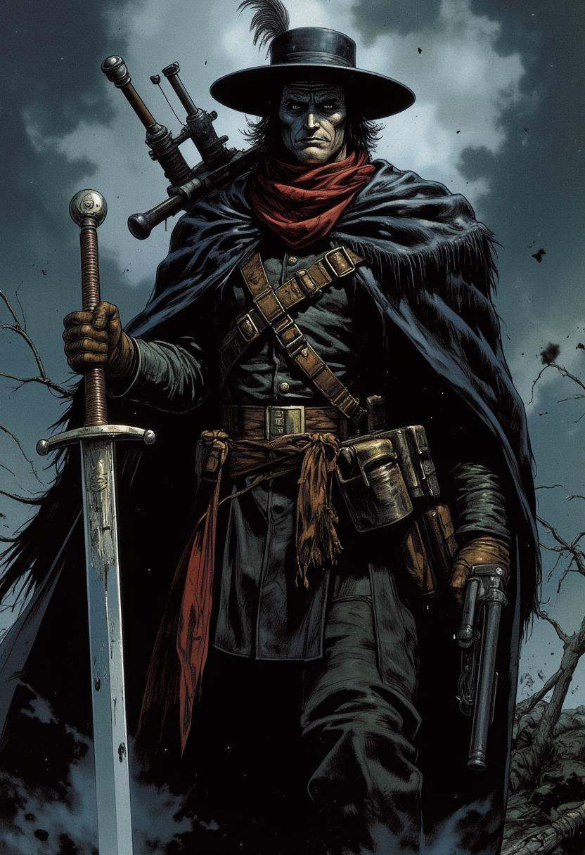 A man hunter dressed in a dark and ominous outfit,  holding a large sword in his left hand and a gun in the right hand. He...