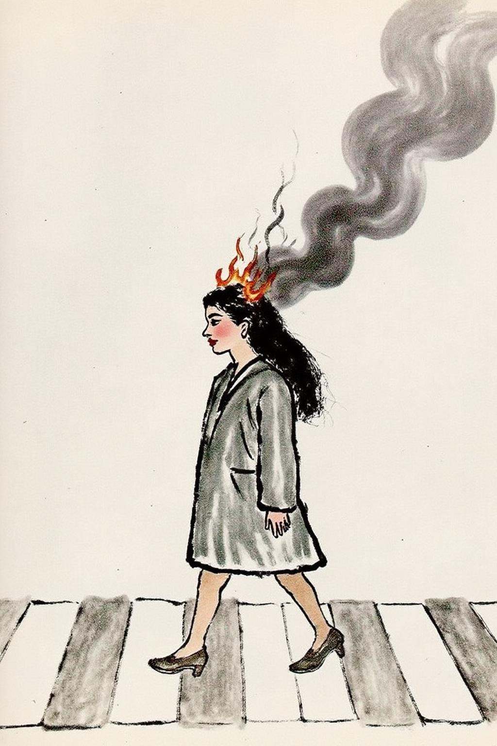 qbs1 ink wash painting. Profile of a woman with long black hair walking across the street at zebra crossing. Her hair is o...