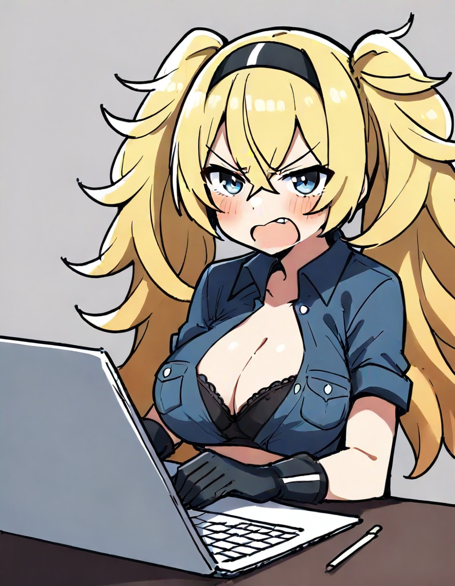 1girl, gambier bay \(kancolle\), kantai collection,shion \(mirudakemann\),zmgwshnmspfd, blonde hair, hairband, blue eyes, long hair, twintails, breasts, large breasts, hair between eyes, laptop, angry, white background, bra, shirt, holding, breast pocket, looking at viewer, black bra, black glove, blue shirt, simple background, buttons, pocket, blush, open mouth, gloves, computer, solo, hand up, upper body, short sleeves, collared shirt, cleavage, wing collar, underwear<lora:nsnsns:1>​​​