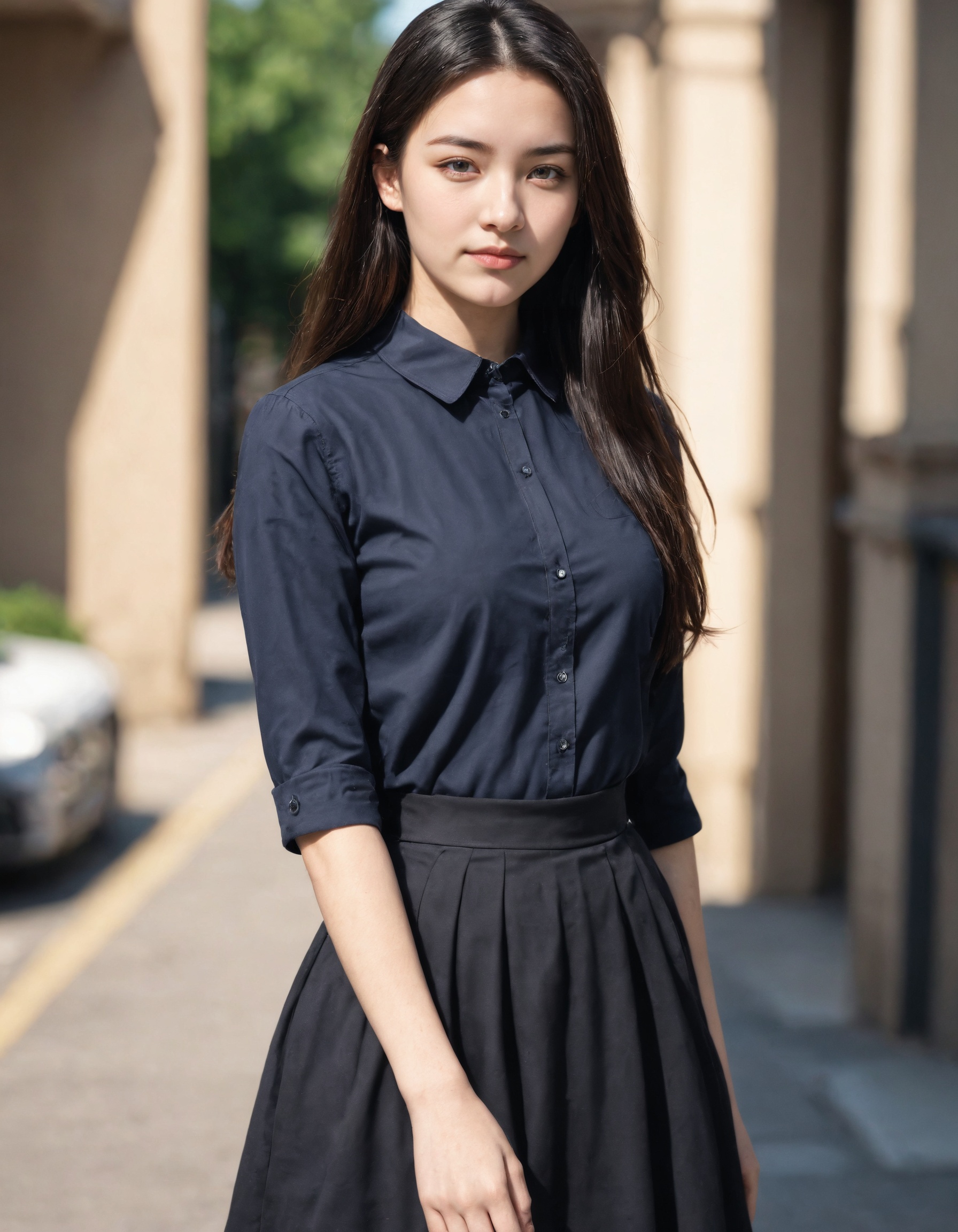 1girl, solo, realistic, long hair, looking at viewer, blurry, blurry background, black hair, lips, teenage, upper body, breasts, collared shirt, skirt,