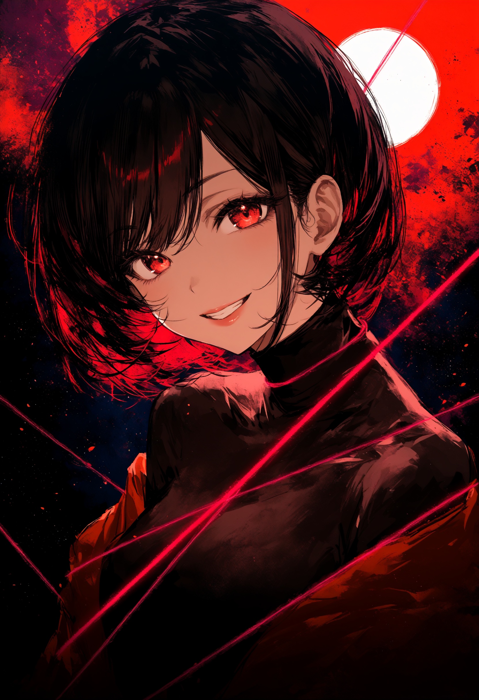 1girl, solo, looking at viewer, dark, darkness, close up, multicolored background, grin, abstract, dutch angle, full moon, jacket, lips, moon, night, night sky, off shoulder, orange jacket, outdoors, red eyes, red sky, red theme, silhouette, sky, smile, swept bangs, thread, turtleneck,masterpiece, high score, great score, absurdres