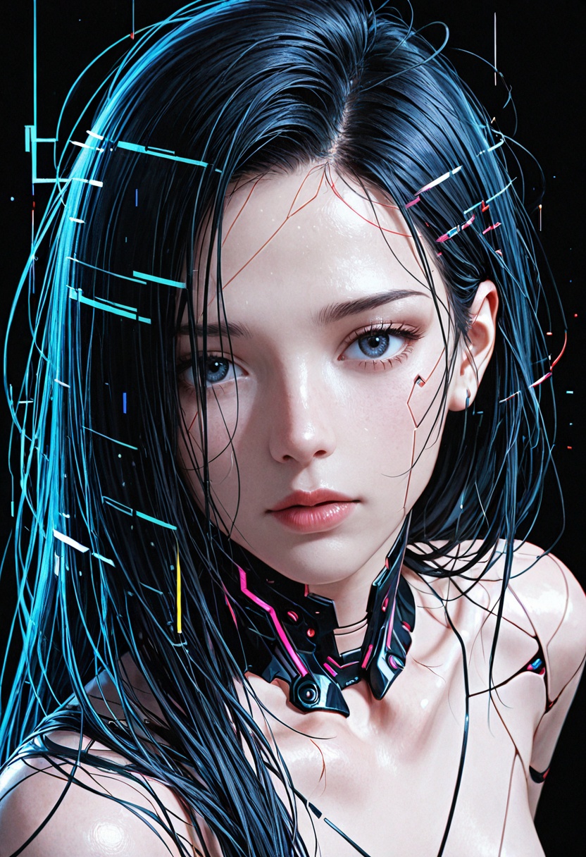 A hyper-detailed,  cyber-surreal photograph of a sleek,  An abstract glitch-art style portrait of a human head in black an...