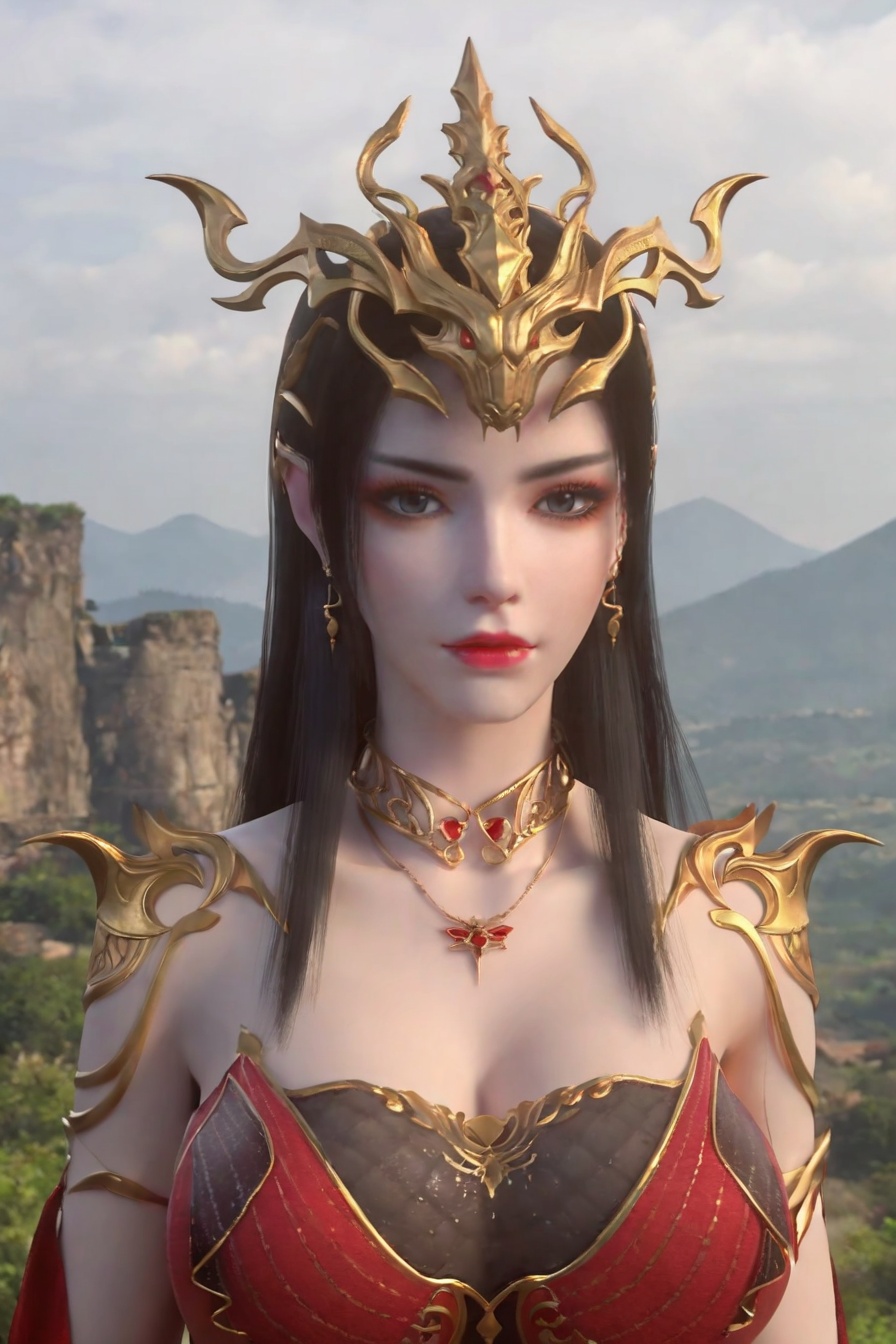score_9,score_8_up,score_7_up,incredibly absurdres,<lora:SF_MeiDuShaHS_Pony-000005:0.7>,1girl,solo,red dress,large breasts,lips,jewelry,earring,long hair,looking at viewer,white background,landscape,