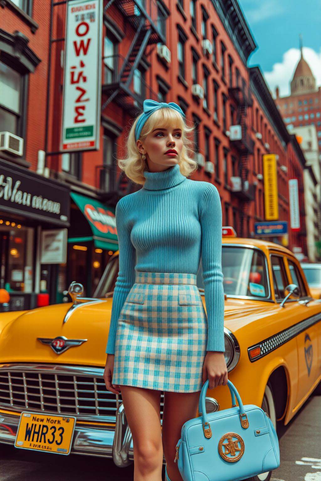 midjourneymix10q photograph.A young blonde American woman is standing on a city street,  dressed in a retro-inspired outfi...