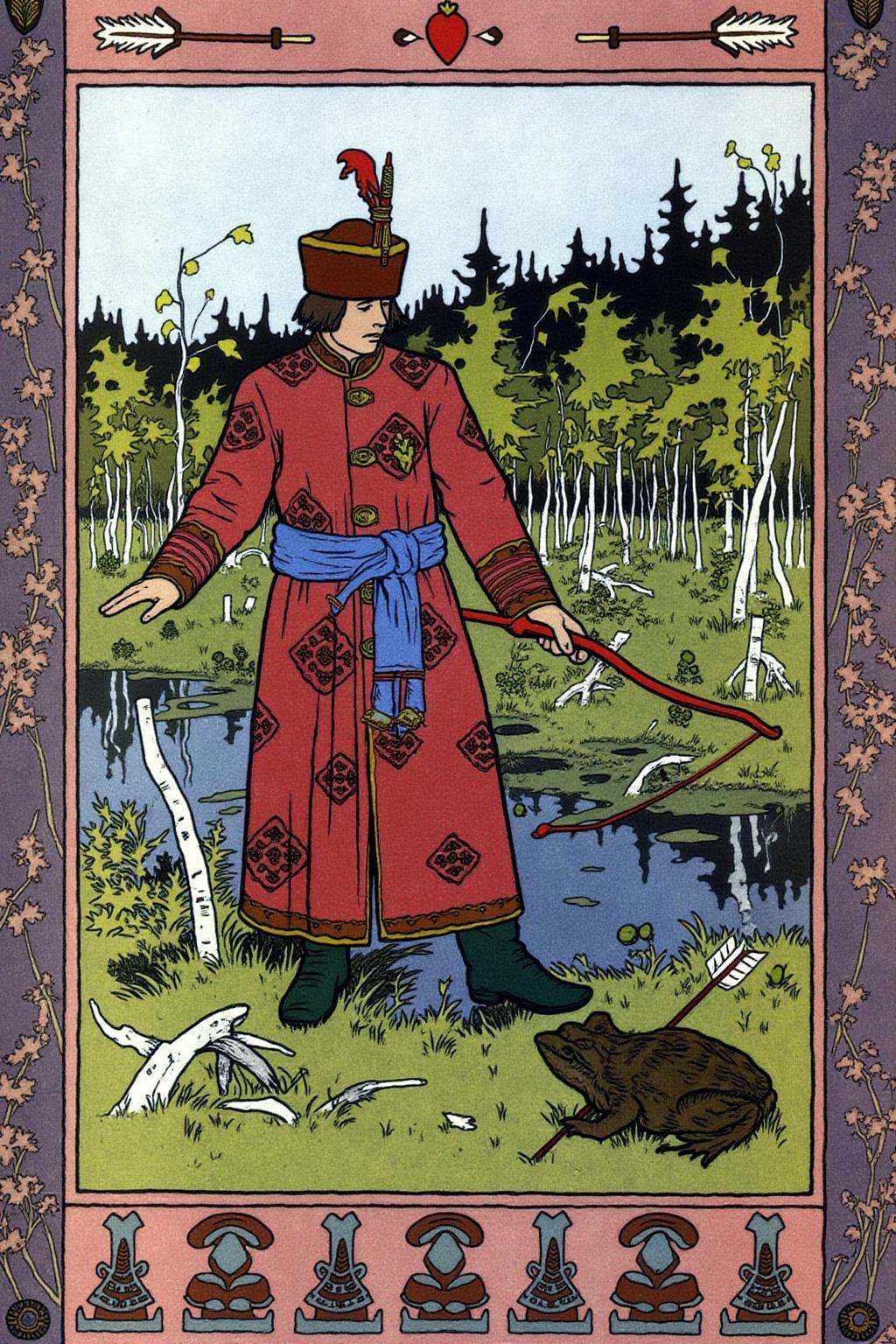 ivanbilibin1 illustration. A richly dressed Russian prince stands in a lush,  green forest,  wearing a long on Tensor.Art