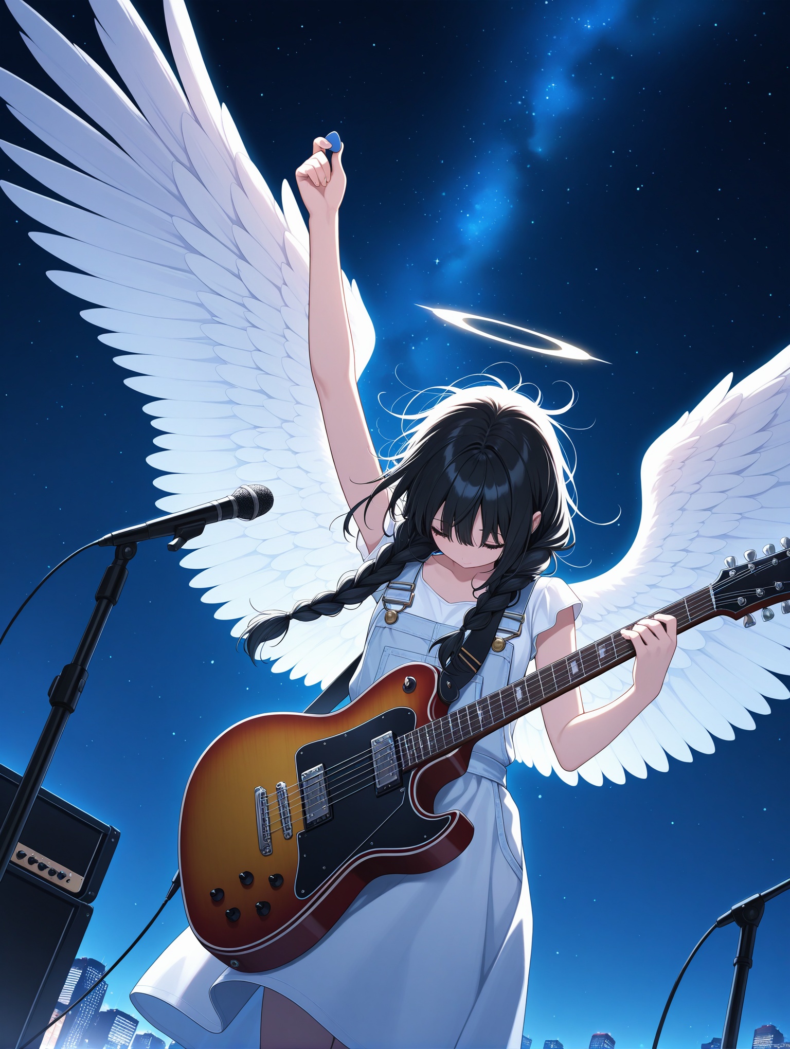 1girl, solo, long hair, black hair, dress, holding, braid, wings, sky, white dress, arm up, night, star \(sky\), feathered wings, instrument, microphone, starry sky, angel wings, white wings, music, angel, guitar, holding instrument, electric guitar, facing down, holding plectrum, Messy hair, crazy hair, Low Angle,Dutch Angle, The overall scene should have a bright and colorful atmosphere, with the main tone being light blue. City Lights Lighting, ,masterpiece,best quality,amazing quality,