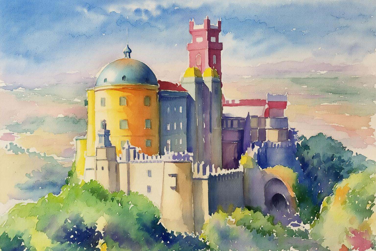 watercolorbasic2q watercolor painting. The Pena Palace,  a colorful and ornate castle located in Sintra,  Portugal on Tens...