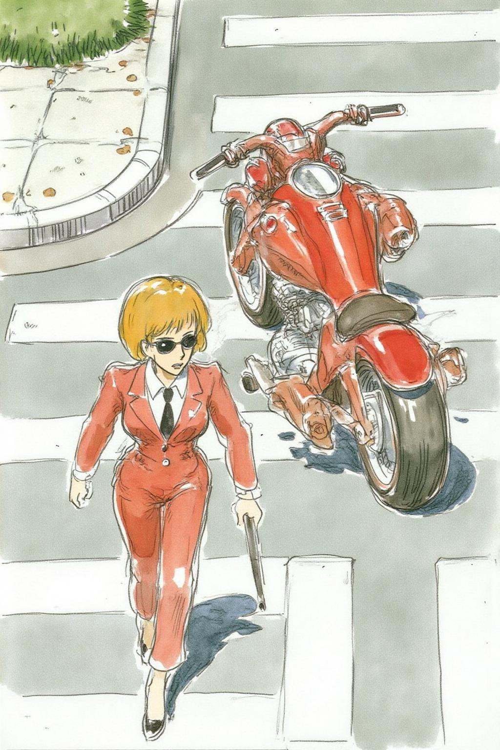 hayaomiyazaki2 illustration.Overhead shot of an Blonde woman walking away from a futuristic motorcycle parked at a zebra c...