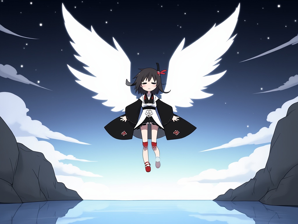 (masterpiece:1.2),(extremely detailed:1.2),(best quality:1.2),(high quality:1.2),(official art:1.2),jbh,Anime-style drawing,Anime-style digital drawing of a young girl with short black hair,adorned with a red and white hair ornament,floating in the air. She is wearing a traditional Japanese kimono with a black and white color scheme,and red geta sandals. Her eyes are closed,and she has a peaceful expression on her face. She has large white wings that are glowing with a soft,ethereal light. The background is a serene,rocky landscape with a calm,reflective body of water in the foreground. The sky is a gradient of dark to light blue,with twinkling stars scattered throughout. The lighting is soft and diffused,creating a dreamy atmosphere. The camera angle is straight-on,capturing the girl in the center of the frame. The style is reminiscent of a fantasy or magical girl genre.,<lora:简笔画-智灵-9:0.7>,