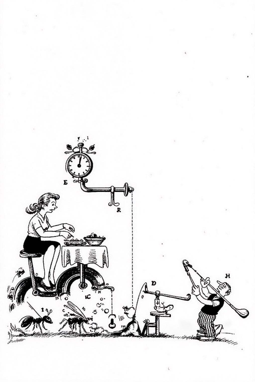 rugo1 illustration.The drawing features a woman eating a meal while sitting on a large,  stylized,  weighing machine. Ther...