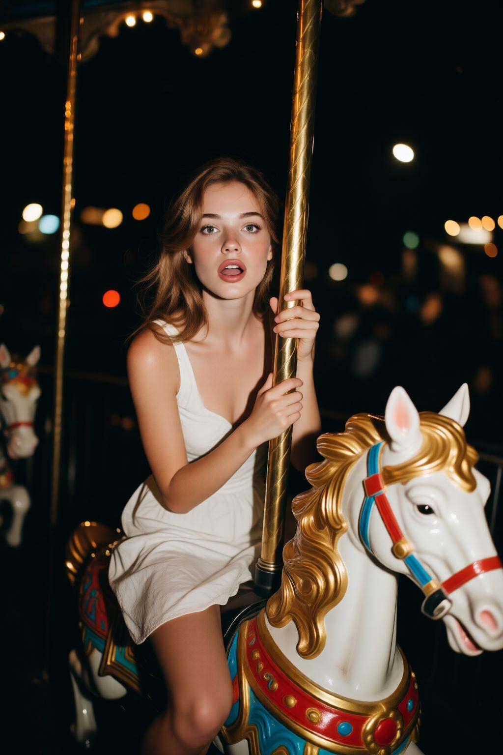 midjourneyhighangle13q High angle view.A woman riding a carousel horse at night. She has light brown hair,  and is looking...