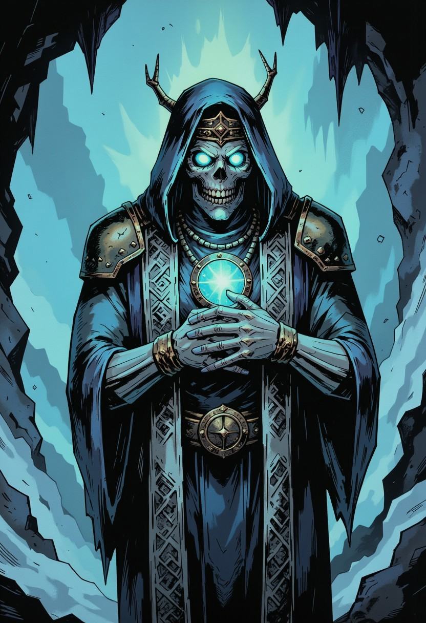 inked comic illustration in TTCSV1.0 artstyle that features A spectral and eerie figure dominates the image,  shrouded in...
