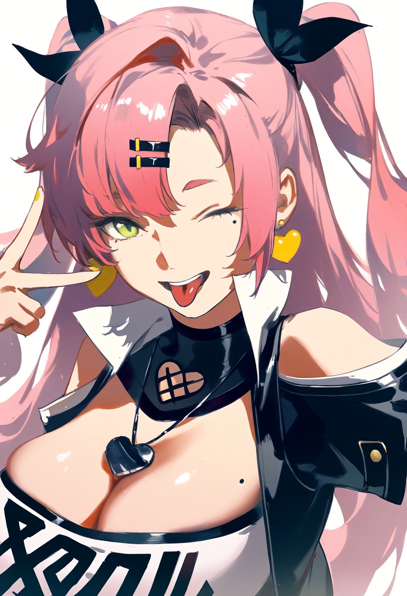 1girl, nicole demara, zenless zone zero, rei \(sanbonzakura\), dino \(dinoartforame\), ;d, black ribbon, breasts, earrings, hair ribbon, heart earrings, heart necklace, jewelry, long hair, looking at viewer, mole, mole on breast, mole under eye, necklace, one eye closed, open mouth, pink hair, ribbon, smile, solo, tongue, tongue out, two side up, upper body, v, masterpiece, high score, great score