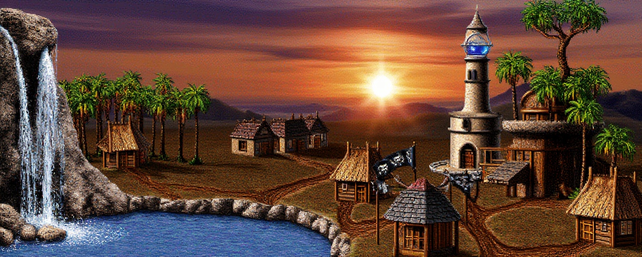 Original HoMM2 style town screen of a fantastical pirate-themed village set against a dramatic sunset sky. The layout is d...