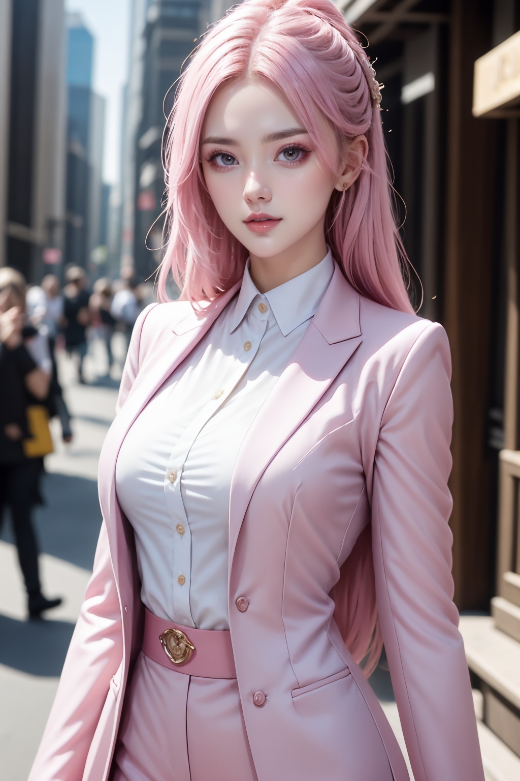 1girl,standing,upper body,white shirt and pink suit,pure beauty,