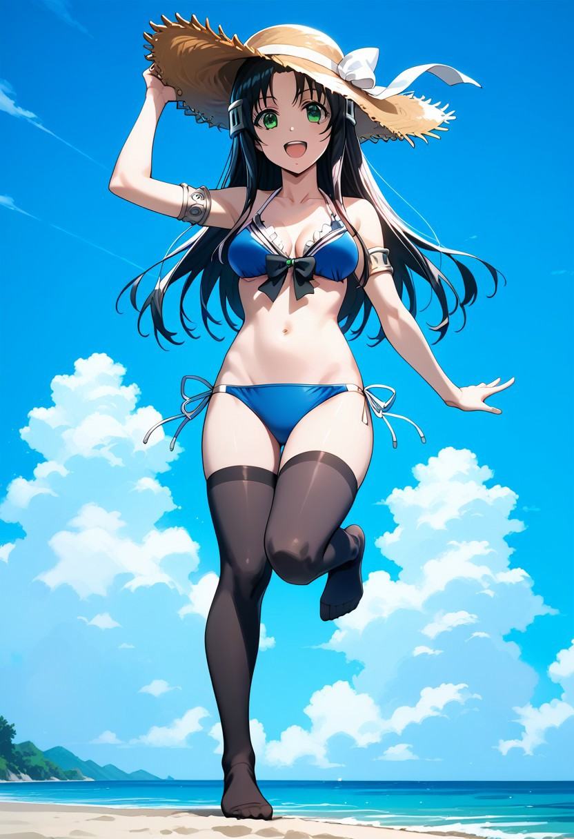score_9,score_8_up,score_7_up,source_anime,Marguerite Farom,1girl,solo,breasts,looking at viewer,smile,open mouth,thighhighs,hat,bow,navel,medium breasts,standing,full body,swimsuit,:d,bikini,black thighhighs,blue background,no shoes,standing on one leg,hat bow,blue bikini,armlet,sun hat,straw hat,
