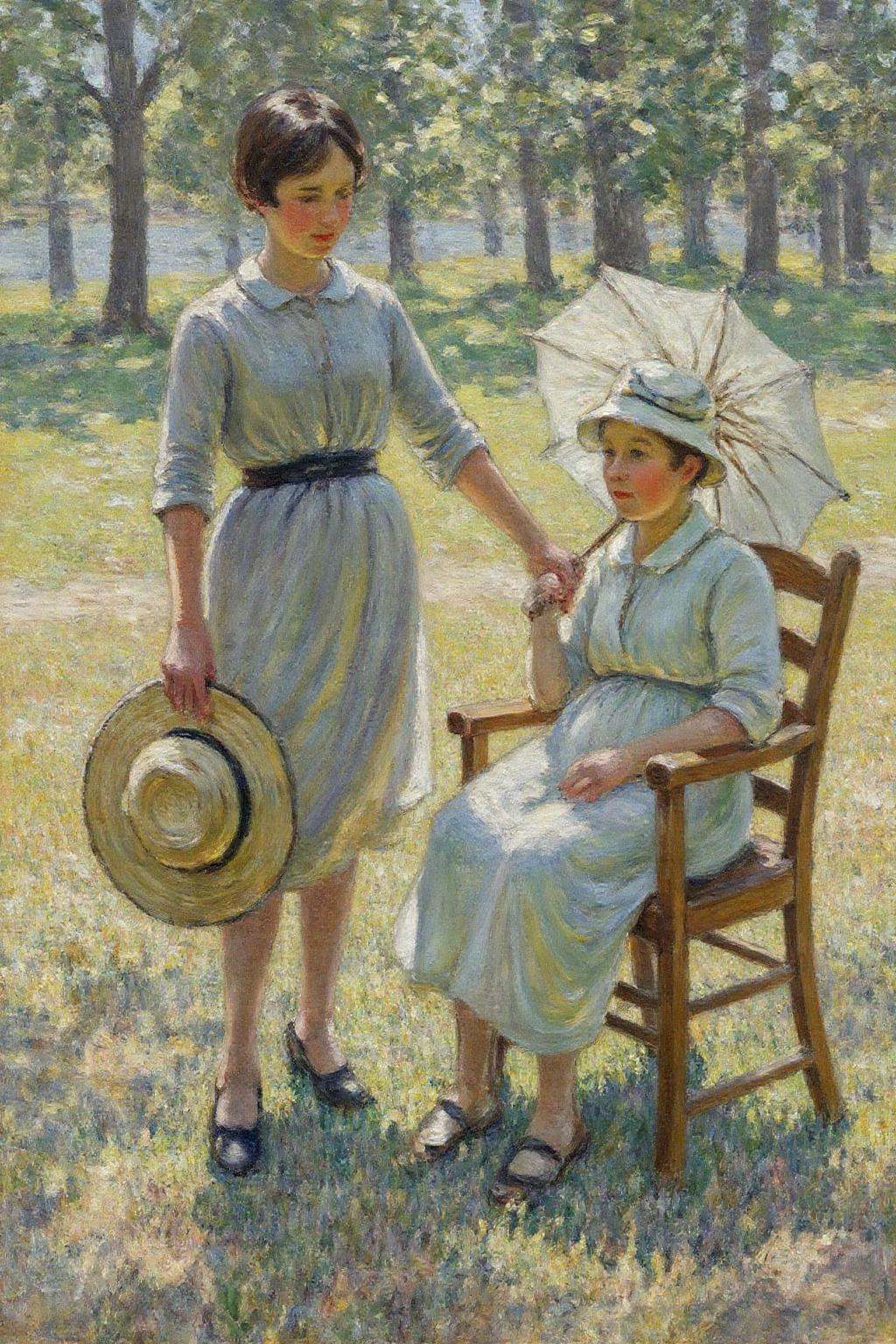 dorotheasharp1 painting. helenmcnicoll2. Two women in a serene outdoor setting. On the left is a woman with short dark hai...