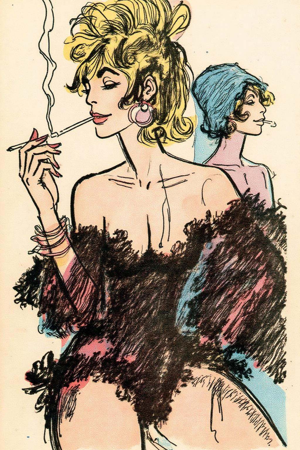 hugop1 illustration.Comic book illustraion of two women. On the right is a woman with a voluptuous figure and large,  roun...
