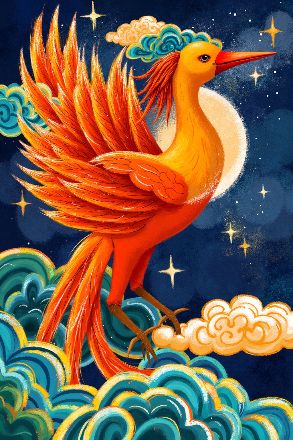 SK,SK, a stylized Chinese mythological mythical creature painting of the Vermilion Bird, with bright colors soaring in the atmospheric sky filled with clouds and stars.