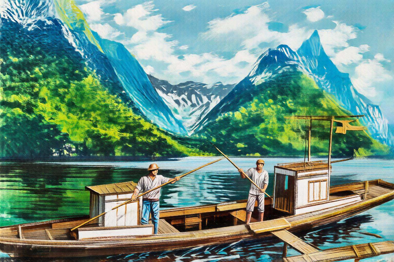 giannirenna2q illustration. A long traditional wooden ship is on a calm body of water,  surrounded by lush green mountains...
