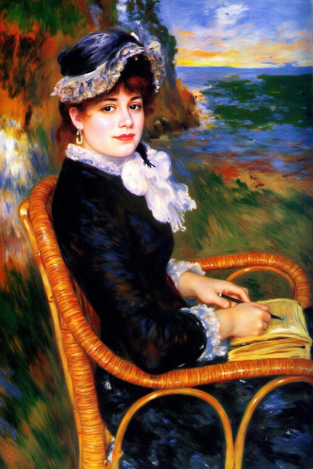 pierreaugusterenoir1 painting. Portrait of a woman seated in a wicker chair is dressed in a dark elegant outfit with lace...