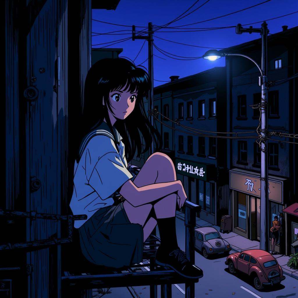 anime_martz,  anime_retro,  A melancholic heroine sits on a rusty fire escape under a lone streetlight. The city below is...