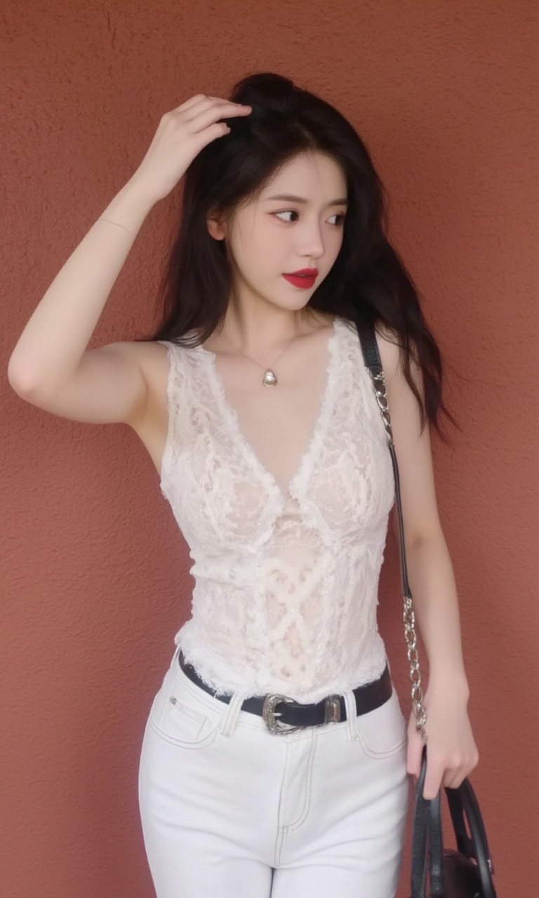 This is a clear, high-resolution image with an artistic style. In the picture, there is a woman wearing a white lace **** top and white jeans. Her hair is flowing and she has red lipstick on, with one hand touching her hair and the other holding a handbag. She is facing to the right and her eyes are looking towards her left hand side. It is difficult to determine her age, but she appears to be a young woman. She has a slim figure and a calm expression. She is wearing a white lace **** top and white jeans, with a black belt cinched around her waist. Her hair is black and falls over her shoulders. The background is a red wall. <lora:墨幽-Flux-Lora-网图:0.9>