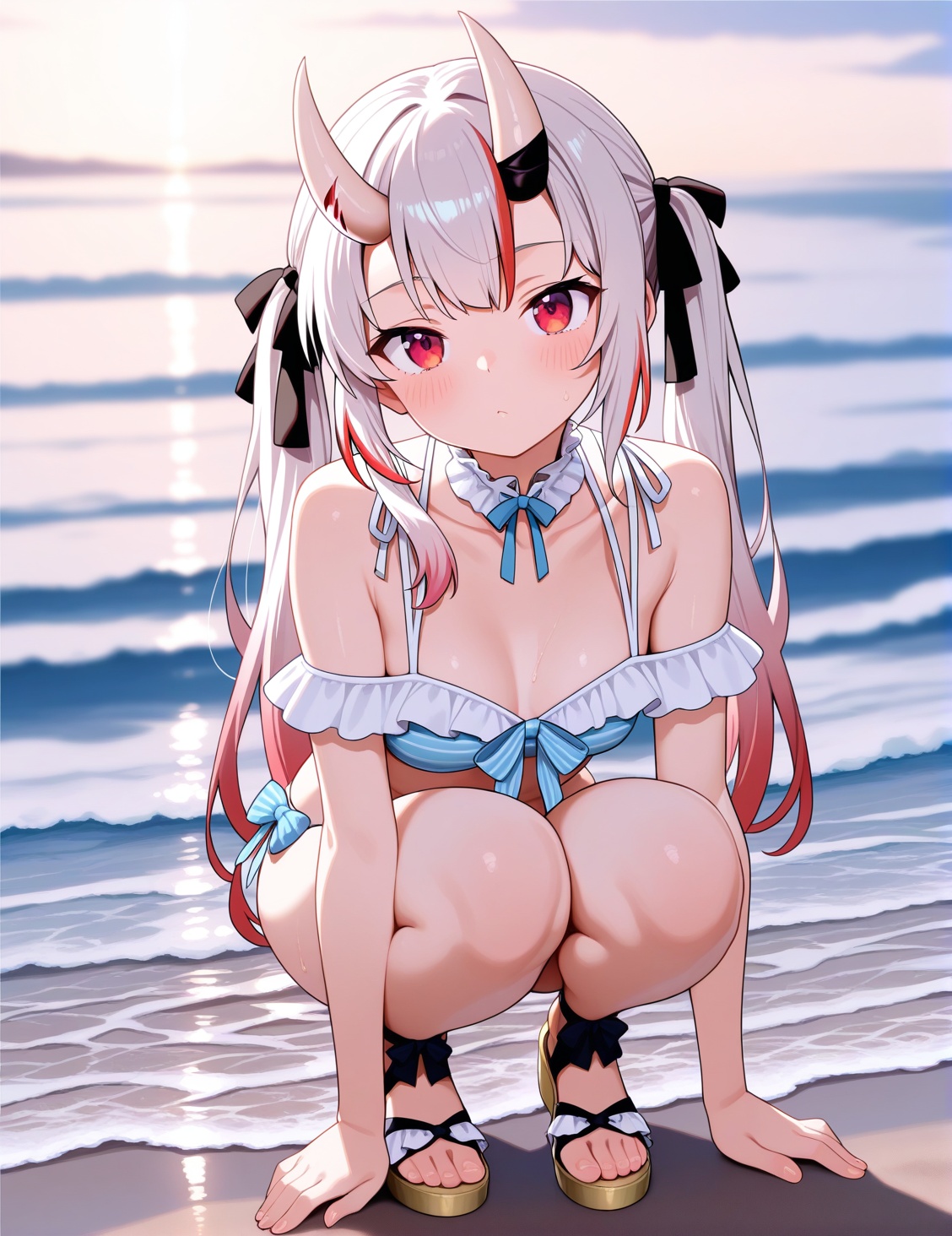 1girl,  beachswimsuit,  frilly bikini top with thin light blue stripes on a white base on Tensor.Art