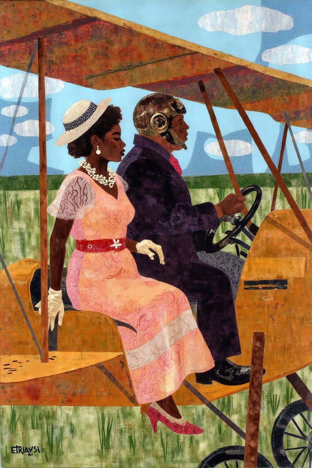 mixed media collage. A romantic scene of a couple on a vintage biplane. The woman,  in the foreground,  is a stylish woman...