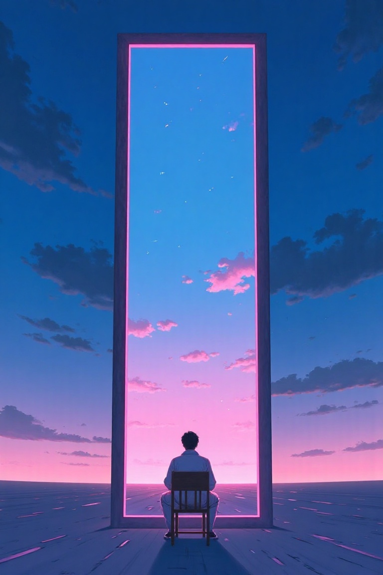 This is a surreal digital artwork featuring a serene,  dreamlike scene. The central figure is a man with short,  dark hair...